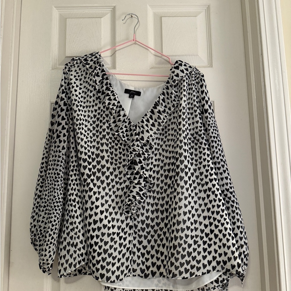 J.Crew feminine Black and White Heart Print v-neck popover top
